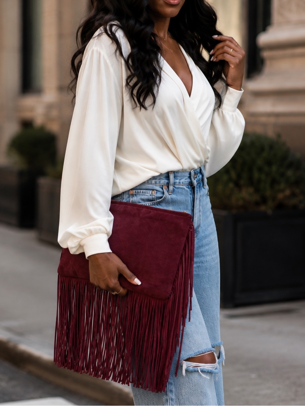 Zara Burgundy Fringe Suede Clutch